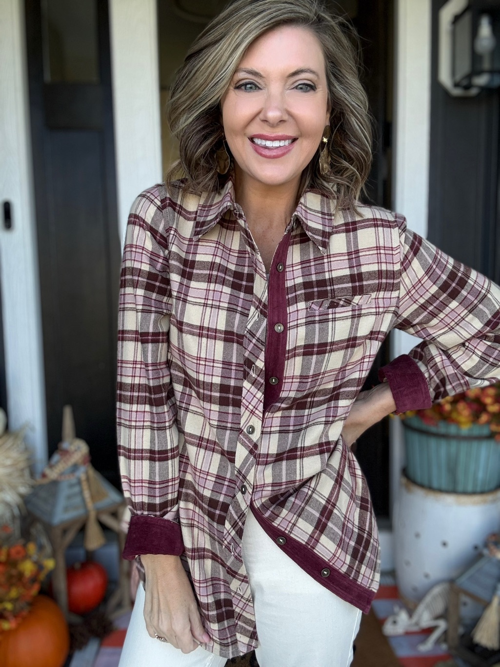Cream & Burgundy Plaid Button-Up Shirt